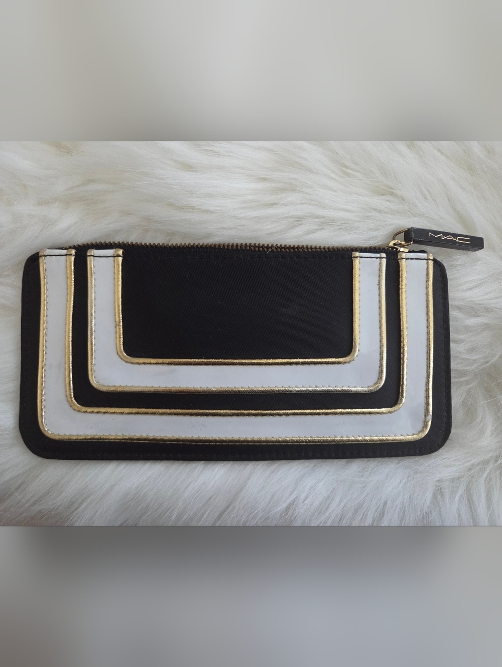 MAC Cosmetics Black and White Zip Wallet with Gold Accents